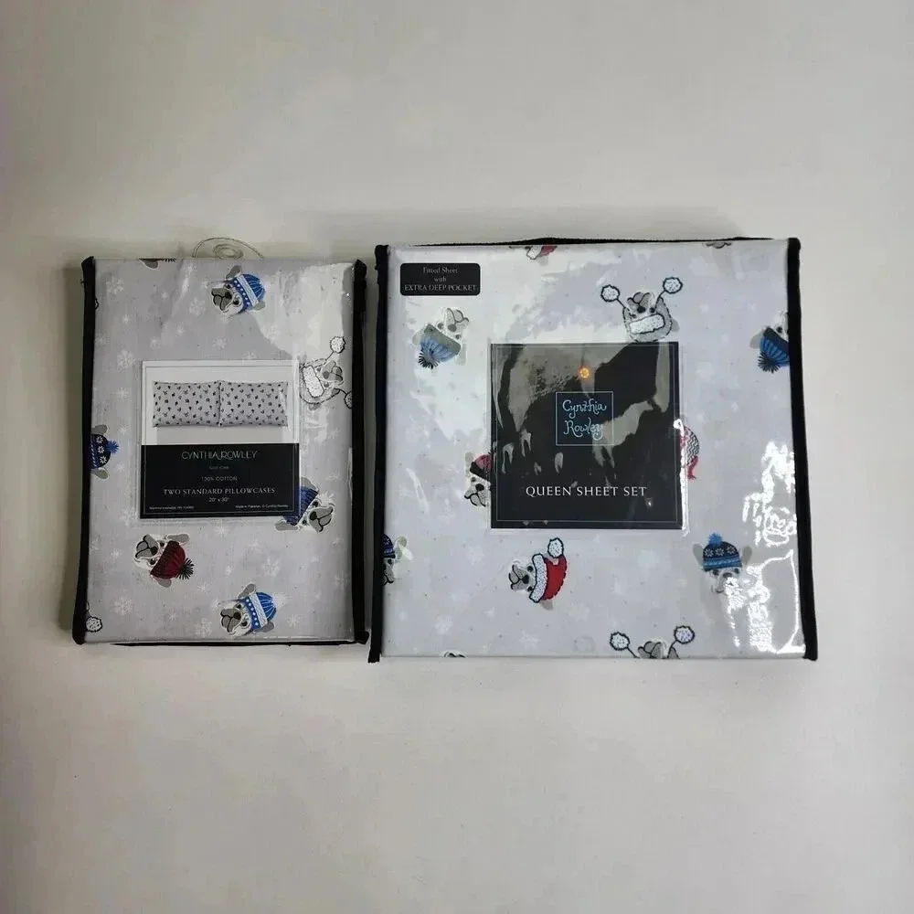 Cynthia Rowley Queen Sheet Set with Two Pillowcases Dogs Hats Winter Snow New